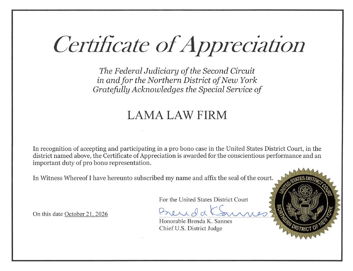 Lama Law Firm Certificate of Appreciation for pro bono representation, October 21, 2026